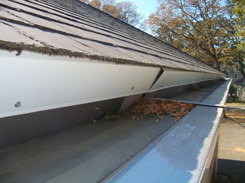 Wide metal gutter with fallen leaves under the eave of a dark slate roof
