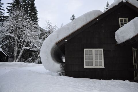 Thick roll of snow curling off the roof edge of a dark shingled house