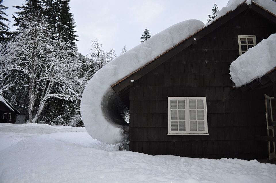 Thick roll of snow curling off the roof edge of a dark shingled house